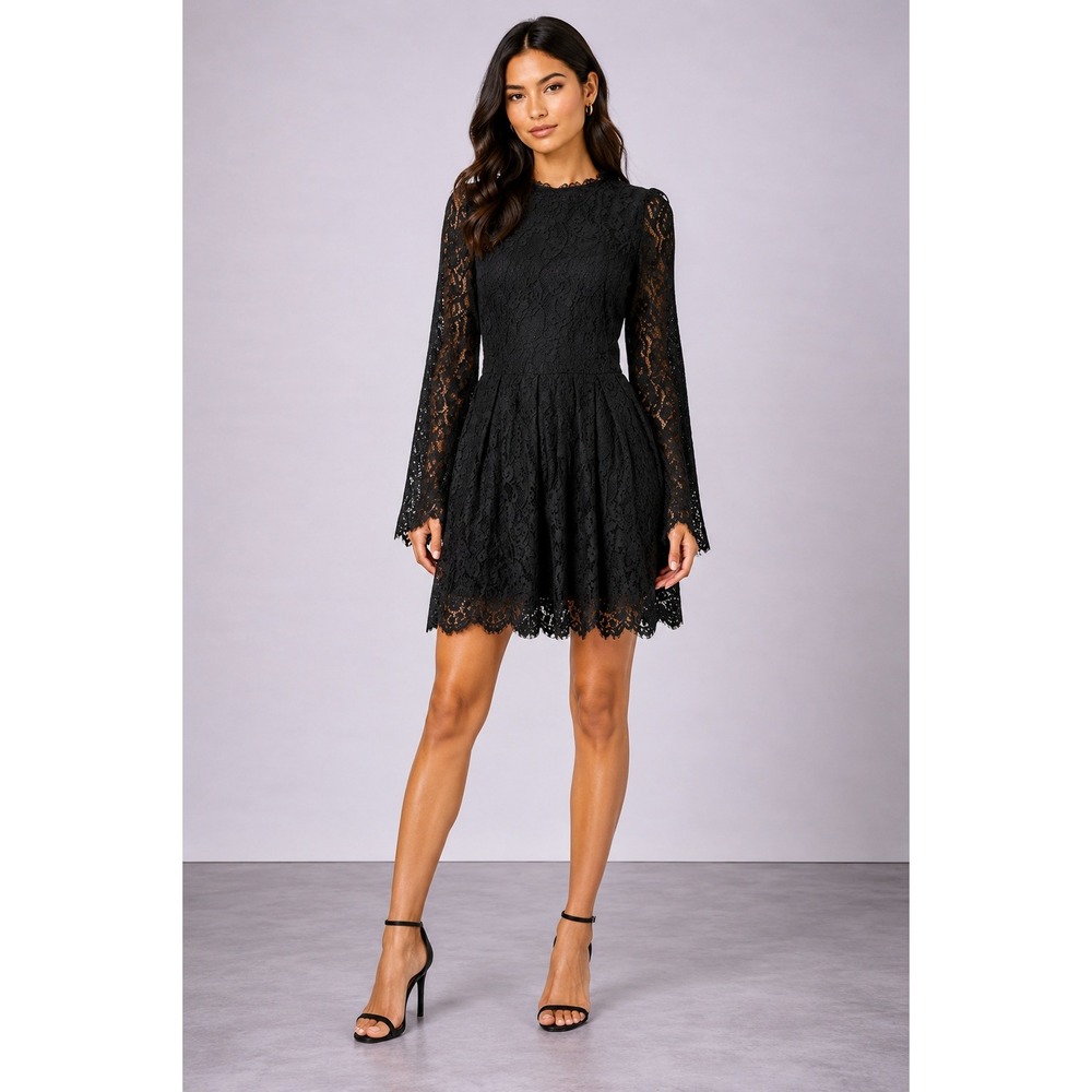 EillyBazar XL Black Lace Long Sleeve Mini Dress Scalloped Floral Cocktail Formal